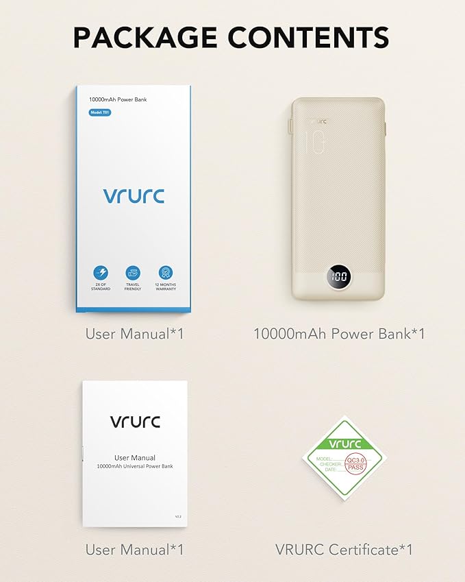 Portable Charger Built-in Cables and AC Wall Plug, USB C Power Bank 10000mAh, Travel Battery Portable Phone Charger Compact Lightweight External Battery Pack for Smart Phones, Tablets etc-Light Coffee