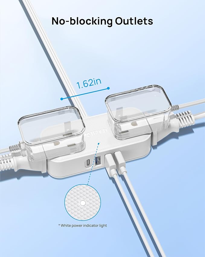 TROND Travel Power Strip with USB Ports, 5ft Flat Plug Extension Cord with Multiple Outlets, Small Wall Mount Extender Adapter for Office Dorm Room Essentials, White