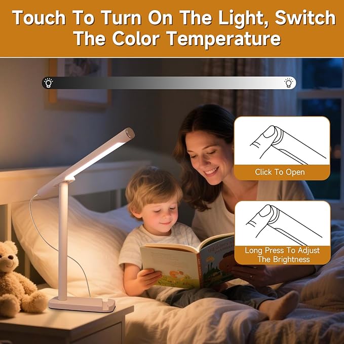 Magnetic Led Desk Lamp: 2 in 1 Reading Lamp with Phone Holder & USB Charging Port for Home Bedroom Office Study | Dorm Desk Lamp with 3500-6500k Touch Control Dimming | 5 Brightness Levels | White