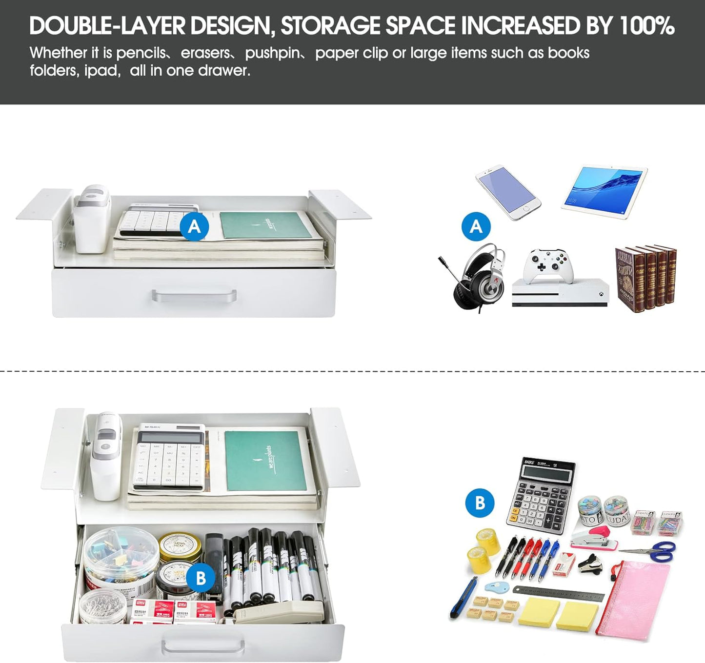 GOME White Under Desk Drawer Storage with Laptop/Book/Folders Shelf, Double Layer Easy Slide-Out Undermount Drawer Organizer with Ball Sliding Track for Home Office Sit-Stand Workstation