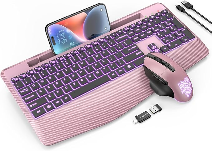 Wireless Keyboard and Mouse Backlits, Wrist Rest, LED Mouse, Rechargeable Ergonomic Keyboard with Phone Holder, Silent Light Up Combo for Computer, Mac, PC, Laptop, Chromebook (Rose Gold)