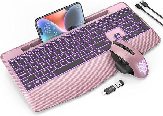 Wireless Keyboard and Mouse Backlits, Wrist Rest, LED Mouse, Rechargeable Ergonomic Keyboard with Phone Holder, Silent Light Up Combo for Computer, Mac, PC, Laptop, Chromebook (Rose Gold)
