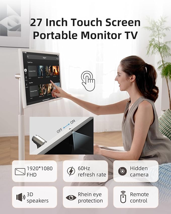 KTC 27 Inch Portable TV Monitor - 1080P Touch Screen Gaming Computer Monitor, 60Hz, Bulit-in Camera, Compatible with Google TV, 4000:1 Contrast, 9500mAh Battery, Tilt/Swivel/Pivot/Height Adjustment