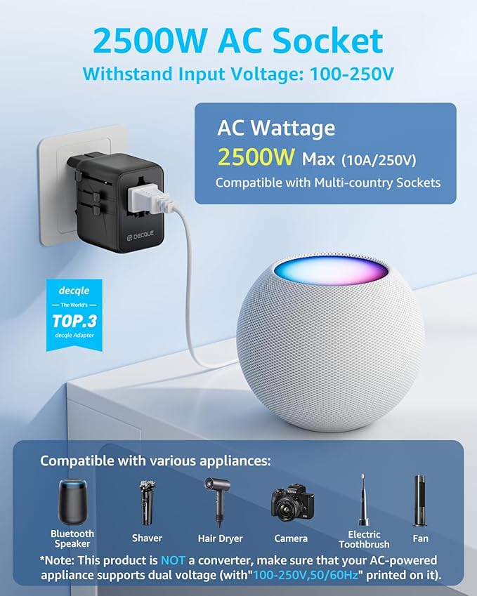 Universal Travel Adapter, International Travel Plug Adapter with 3 USB-C ＆ 2 USB-A Ports 70W, All in One Portable Socket, for USA, UK, EU, AU ＆ 224+ Countries (Black)