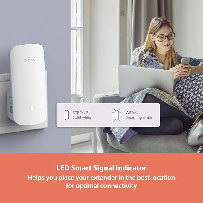 D-Link E30 AX3000 Mesh WiFi 6 Range Extender, Universal Compatibility, Gigabit Ethernet Port, Covers up to 2800 sq. ft, Whole Home Internet Signal Booster