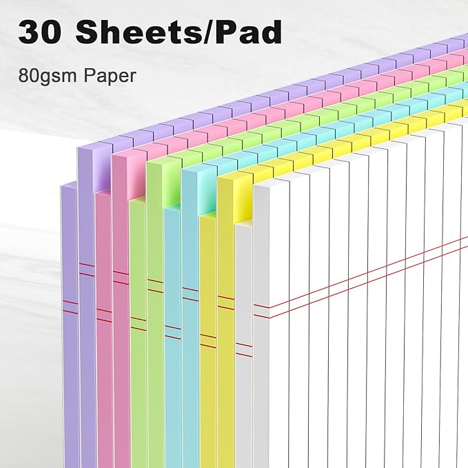 Legal Pads 8.5 x 11 Wide Ruled - Note Pads 30 Sheets/Pad - 20lb Colored Notepad Paper - Perforated Notepad with Sturdy Back - Pink, Purple, Yellow, Green, Blue, White