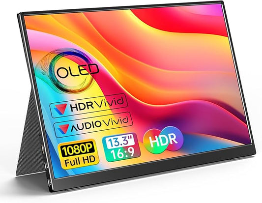 VILVA OLED Portable Monitor for Laptop - 13.3 1080P FHD Display USB-C HDMI Laptop Monitor with Cover and Speakers External/PC/Mac/Phone/Xbox Switch/PS4