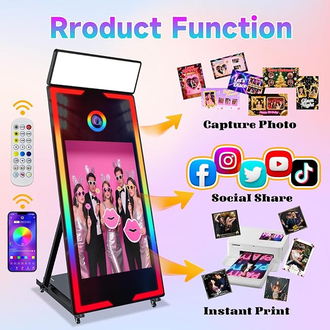 Mirror Photo Booth with Camera and Printer, 65" Magic Mirror Photo Booth, 43" Touch Screen Built-in Mini PC with Instant Print and Sharing, Music Sync Control RGB Light (Black, 65-43" Full Set)