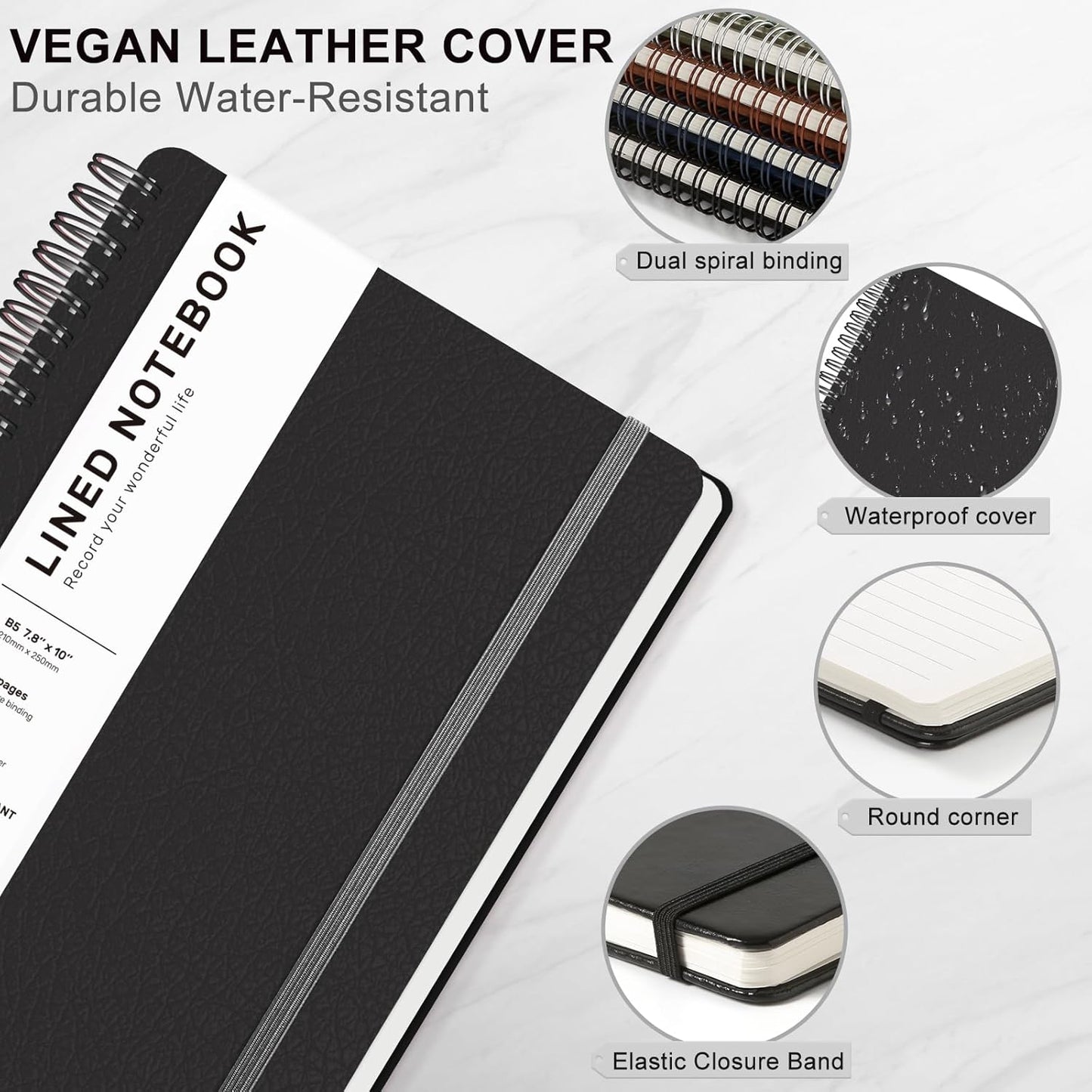 Lined Spiral Journal Notebook, B5 Hardcover Leather Notebook for Work, 7.8''×10'', 100GSM Thick Paper Spiral Bound Journaling Notebooks for Women & Men Office School Note Taking Business, Black