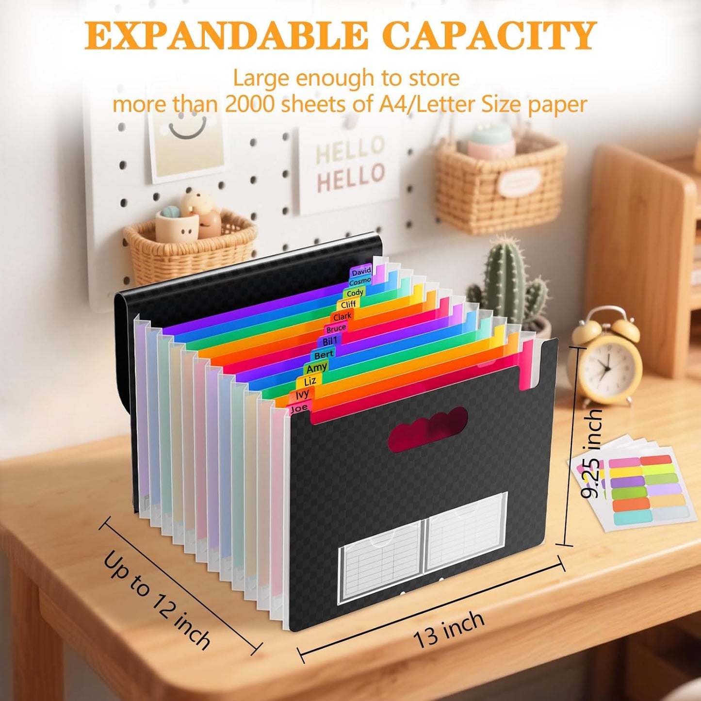 4 Pack Waterproof Accordion File Organizer, 13 Pockets Expanding File Folder with Colored Blank Tabs, Suitable for Students and Office Workers to Manage and Store Documents（Black）