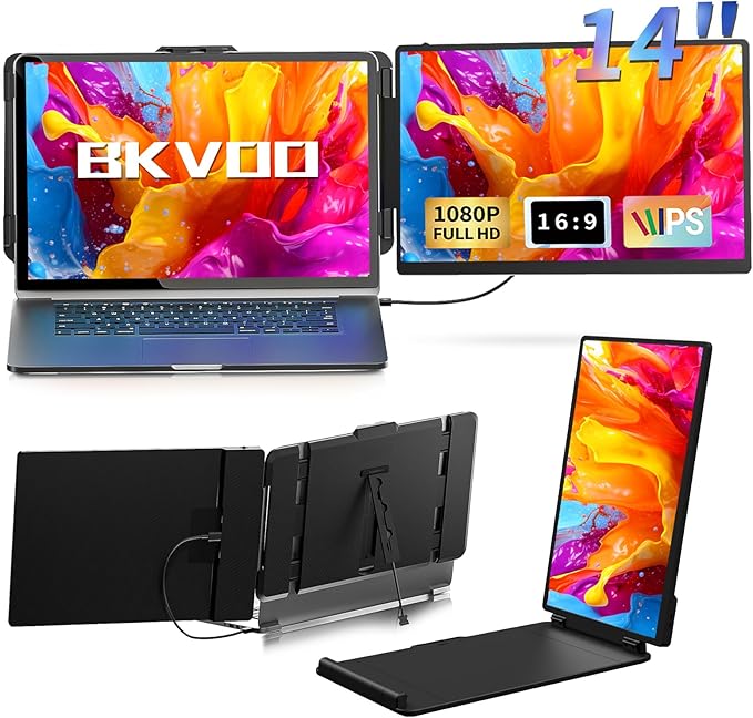 Laptop Screen Extender Travel Monitor - 14" Dual Portable Monitor IPS FHD 1080P Travel Work Extra Screen Plug and Paly USB-C HDMI Port Compatible with Wins Mac Chrome Dex Fits 13-17" Laptops