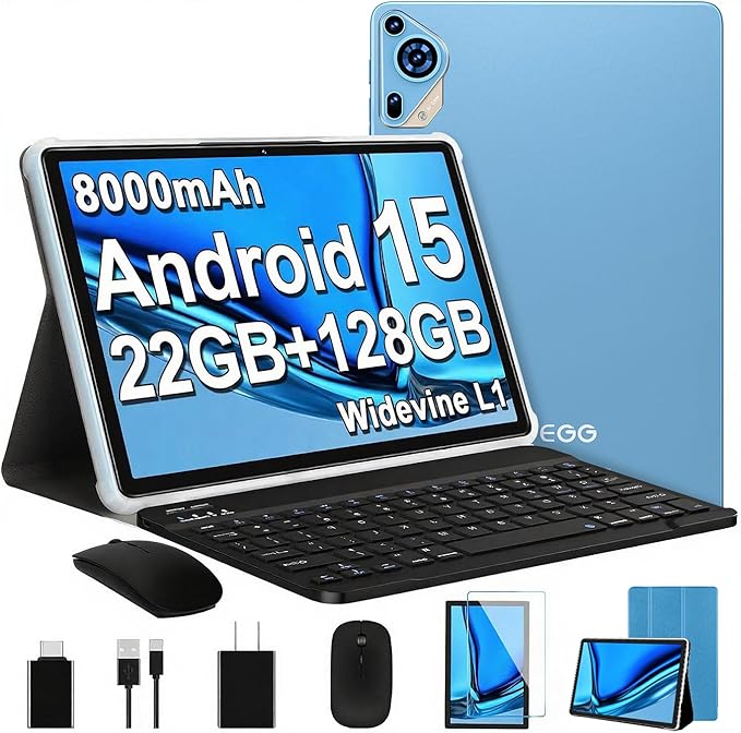 2025 Upgraded Android 15 Tablet 10.1 Inch Octa-Core Tablets with Keyboard Mouse, 22GB+128GB+1TB Expand, 8000mAh Large Battery,1280x800 IPS HD Touch Screen, Widevine L1, 5G WiFi, GPS-Metal Blue
