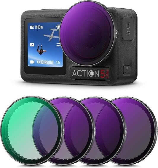 K&F Concept Snap On PL & ND Filter Kit Compatible with DJI Osmo Action 3/4/5 Pro, 4 Pack Push-in Fit CPL ND8 ND16 ND32 Polarizing Neutral Density Filter, HD Optical Glass Multi-Coated