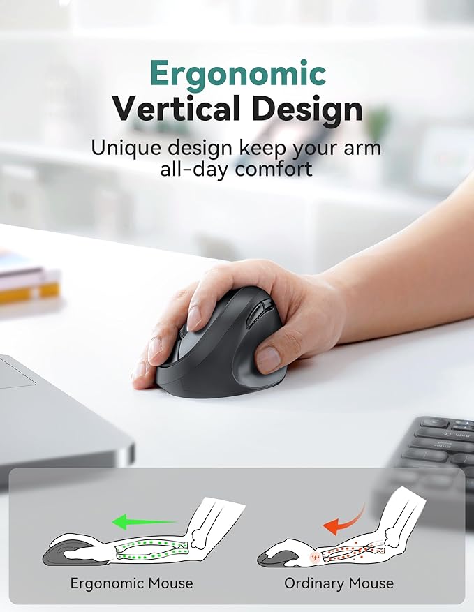 TECKNET Ergonomic Mouse, 4800 DPI 5 Adjustable DPI Levels, Wireless Vertical Mouse, 6 Buttons, 2.4G Silent Mouse for Laptop, PC, Chromebook, Mac - Black