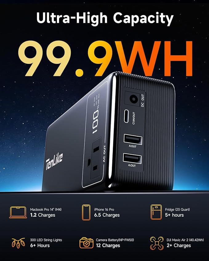 Portable Power Station 99.9Wh Power Bank for Camping Essentials Small Electric Mini Generator Large Lithium Battery with 110V AC Plug in Output 60W Type-C Laptop Home Backup Outdoor Emergency