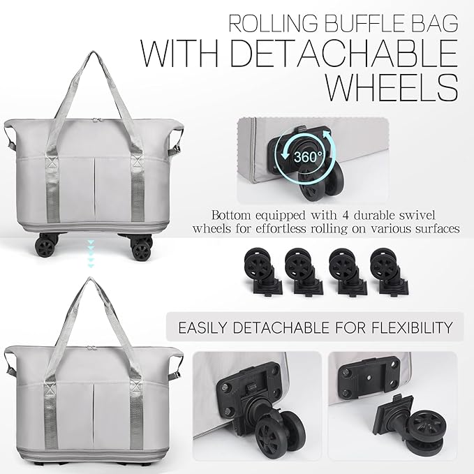 VOOWO Duffel Bag with Wheels - Rolling Foldable Expandable Duffle Bags with Wheel for Travel, Rolling Luggage Carry On Travel Bag, Large Wheeled Overnight Weekender Bag (Gray)