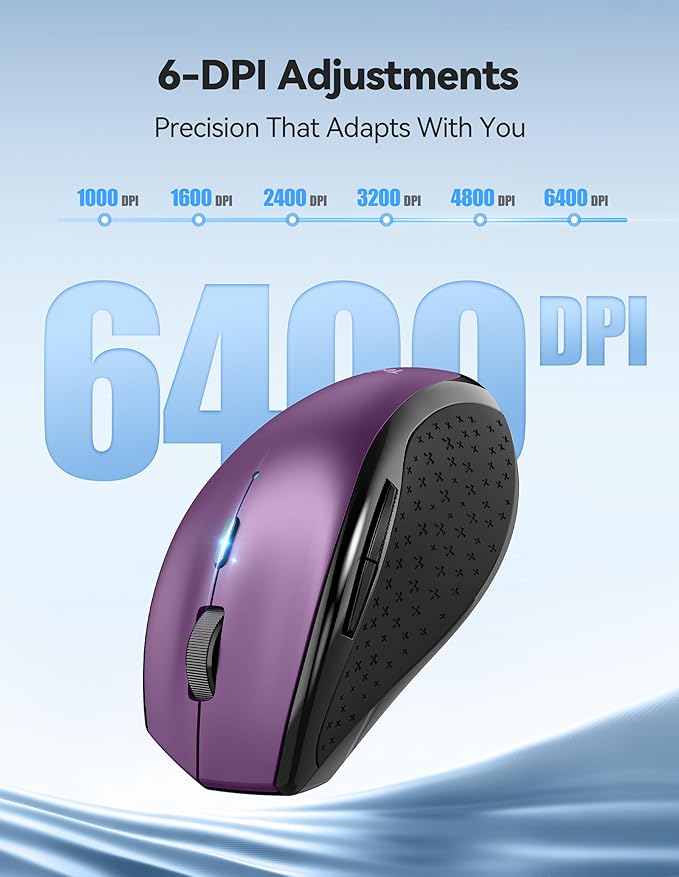 TECKNET PRO Rechargeable Wireless Mouse, Silent Click, 800mAh Long Battery Life, 6 Adjustable 6400 DPI, Cordless Computer Mouse, 6 Button Ergonomic Mouse for PC Mac Chromebook - Purple