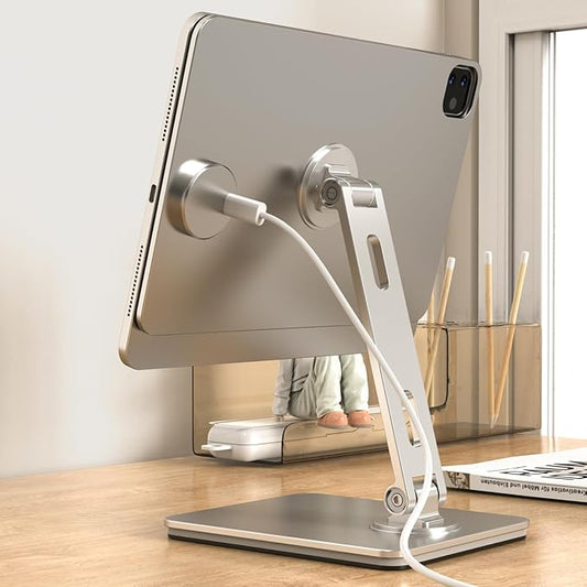 Magnetic Charging Stand for iPad Pro 11, Aluminum Foldable Charger Stand with 360° Rotation, USB-C Fast Wireless Charger Station for iPad, Holder Mount for Office (Rechargeable Version)