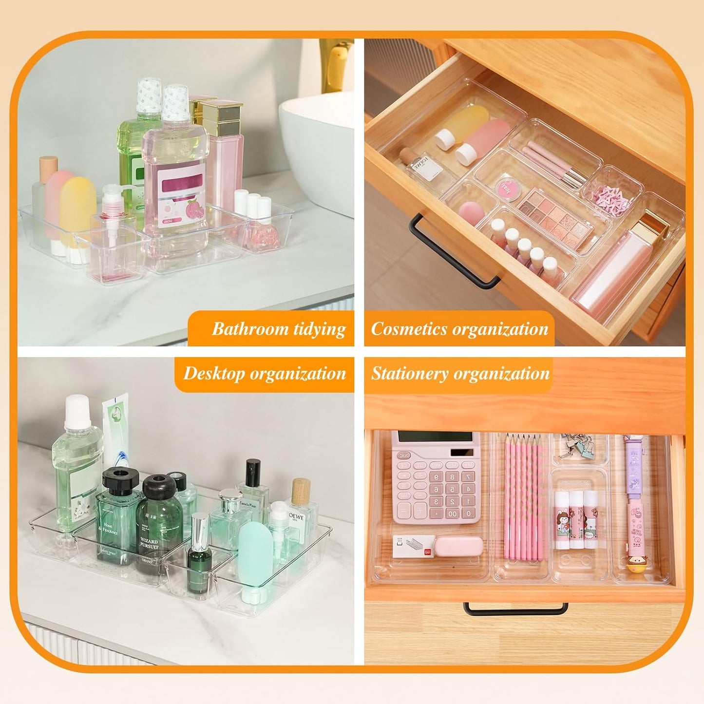 Clear Acrylic Drawer Organizers Set Storage for Makeup, Office Desk Small Vanity Trays for Drawer Bathroom Plastic Make up Organizers 25 Pcs