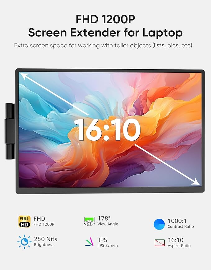 Laptop Screen Extender, 14" FHD 1200P IPS External Portable Monitor for Laptop, Plug & Play Dual Screen Monitor for 14"-17" Laptops, Compatible with Mac, Wins, Chrome, Android, Dex