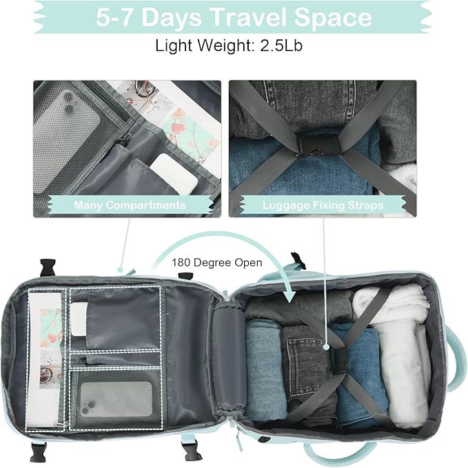 Hanples Large Travel Backpack for Women as Person Item Flight Approved, 35L Carry on Backpack, 17 Inch Laptop Backpack, Waterproof Backpack,Casual Bag with 2 Toiletry Bags (Mint Green)