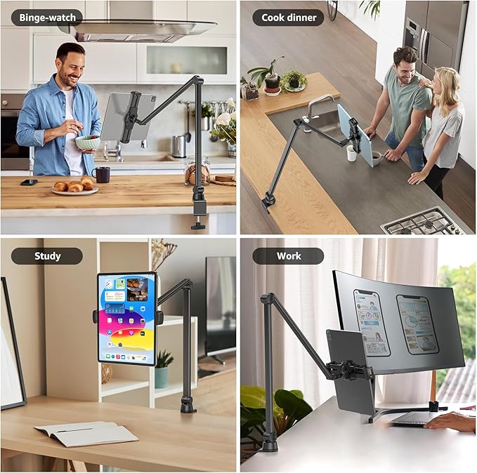 BEWISER Tablet Stand Holder Desk Mount,360°Rotating Flexibly, Angle Adjustable Long Arm, Folding Aluminium Alloy Compatible with4.7-13" Phone or Tablet in Kitchen/Office(Black)
