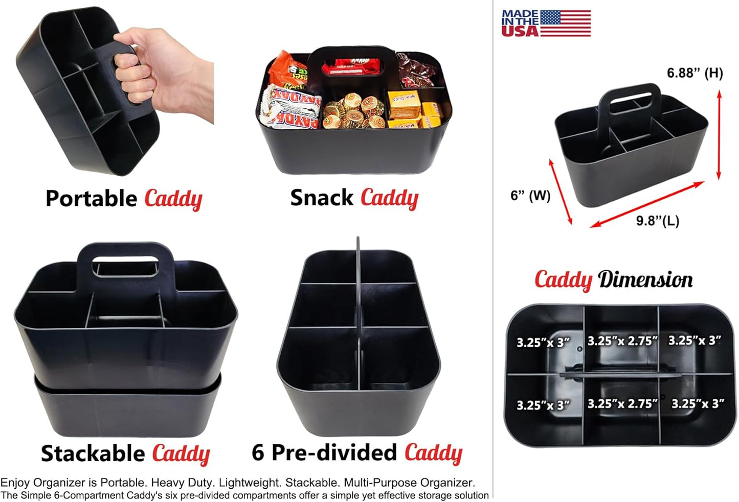 Small Stackable Plastic Caddy with Handle 6 Compartment | Desk, Makeup, Dorm Caddy, Classroom Art Organizers - 4 Pack, Made In USA (Black)