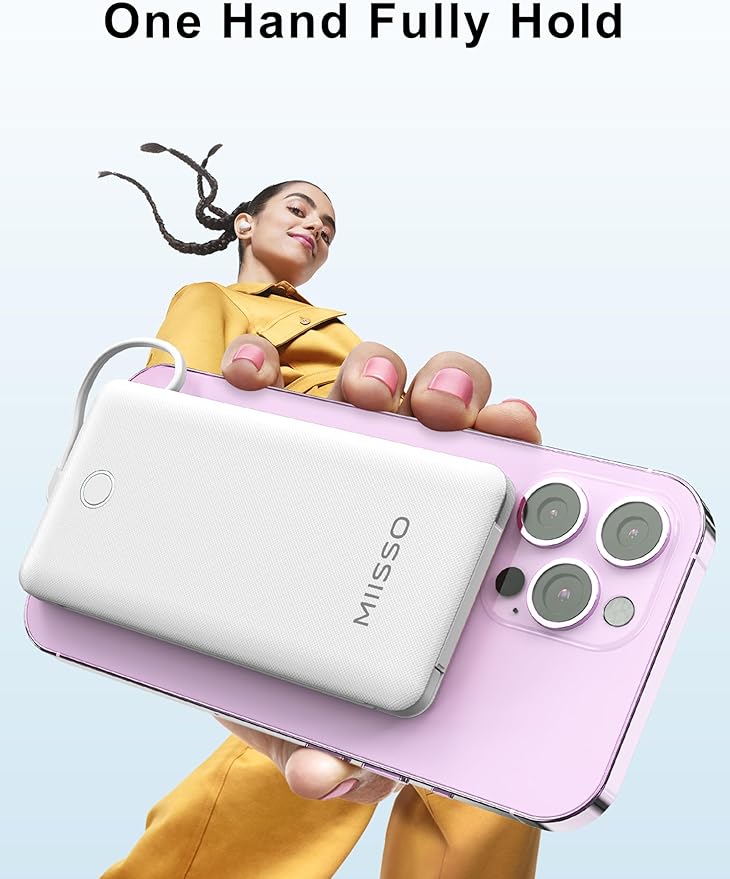 10000mAh Slim Portable Charger with Built in Cable, Power Bank Travel Charger External Battery Pack for Phone, 4 Output USB Type C Cord Clutch Charger Compatible with iPhone, 2 Pack White & Purple