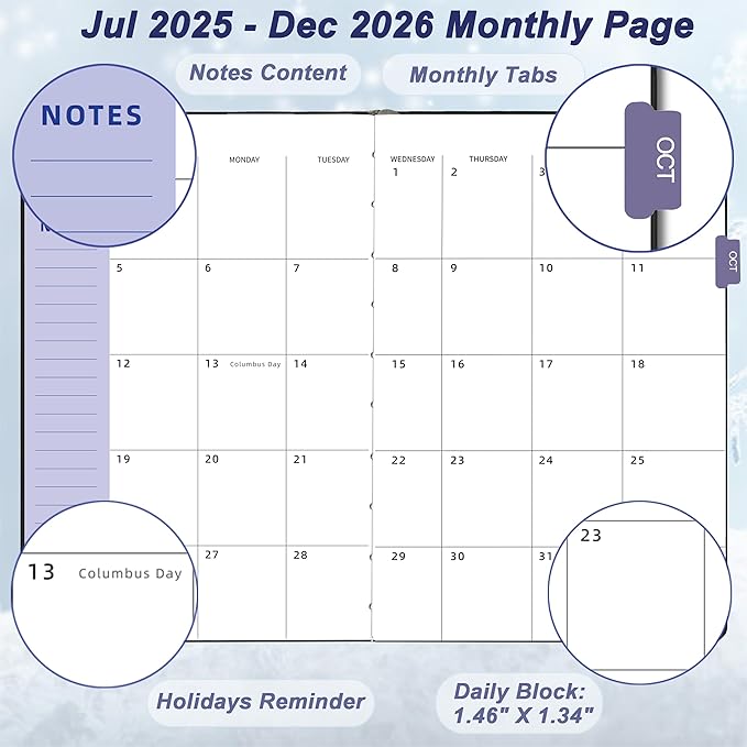 Day Planner 2025-2026, Hardcover Weekly & Monthly Planner from Jul 2025-Dec 2026, 18 Month Calendar 2025 with Tabs & Pocket, A5 Size, Black