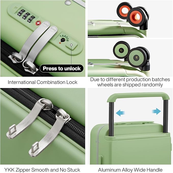 mixi Checked Luggage Wide Handle Luxury Design Rolling Travel Suitcase PC Hardside with Aluminum Frame Hollow Spinner Wheels, with Cover, 24 inch, Avocado Green