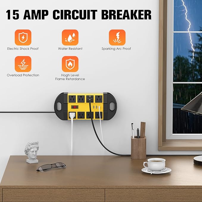 HHSOET Outdoor Weatherproof 8 Outlet Power Strip, IPX6 Waterproof Surge Protector, 2 USB-A 1 USB-C Ports, 10 FT Extension Cord for Outdoor Patio Garden Porch Garage