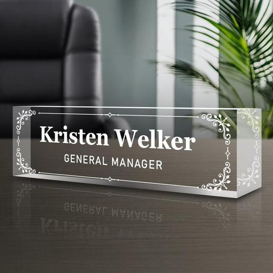 Personalized Name Plate for Desk - Custom Engraved Name Plates for Man - Boss Day Gifts for Boss - Acrylic Office Decor Appreciation Gifts for Teacher Nurse Coworker Social Worker (White Flower)