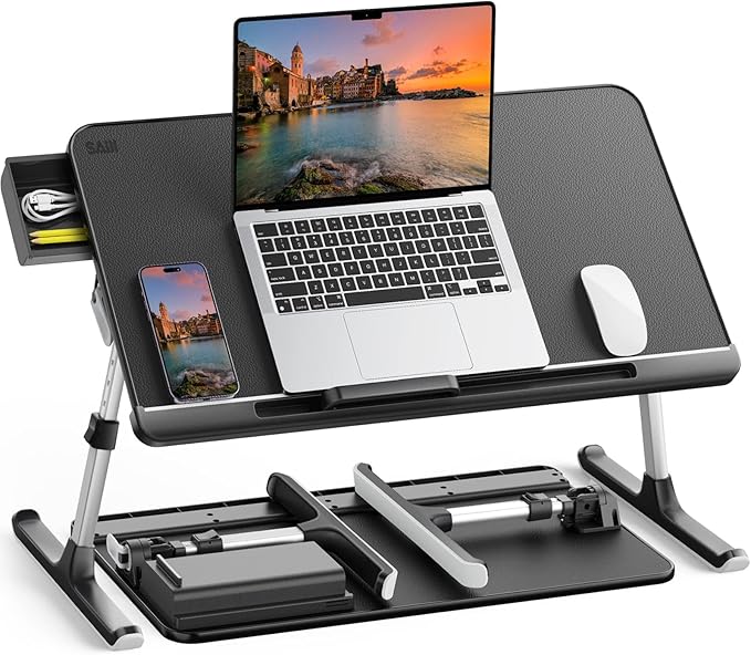 SAIJI Laptop Bed Tray Table, Adjustable PVC Leather Laptop Bed Table, Portable Standing Desk with Storage Drawer, Foldable Lap Tablet Table for Sofa Couch Floor (Dark Black)