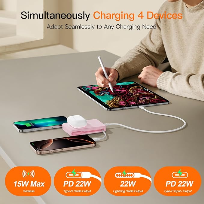 2025 Magnetic Battery Pack 16800mAh Mobile Power Bank, Portable Charger with Foldable Stand and Built-in Cable, 20W USB-C Fast Charging, Suitable for iPhone 17/16/15/14/13/12 Series