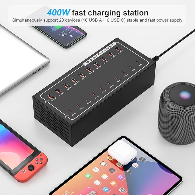 20 Port Fast Charging Station, (10USB C+10USB A) 400W USB Charging Station, simultaneously Charges Mobile Phones, Tablets, Game Consoles and Headphones and Other Devices at high Speed