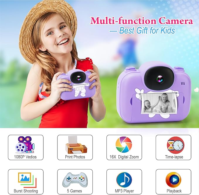 Kids Camera Instant Print, 3.5'' Kids Digital Camera Instant with 1080P HD Photos & Videos, Christmas Birthday Gifts for Girls Boys Age 3-12 (Purple)