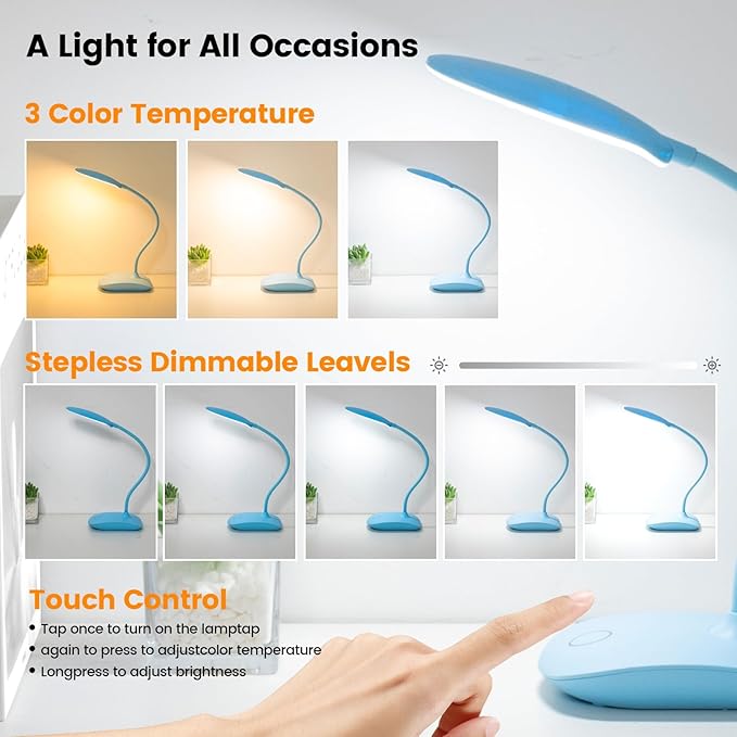 Battery Powered Desk Lamp, Portable Lamps Rechargeable 3 Color Modes Touch Control Stepless Dimming, Wireless Desk Lamp with 4000mAh, Small LED Table Light for Dorm Study Office Bedroom,2-Pack,Blue