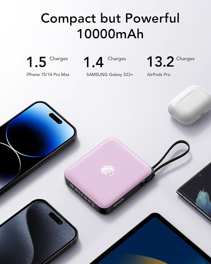 VRURC Portable Charger with Built-in Cable, 10000mAh Power Bank, 22.5W/PD20W Fast Charging USB C Battery Pack for iPhone 16 15 14 Samsung Galaxy S25 S24 S23 S22 Android Airpods, Purple(1 Pack)