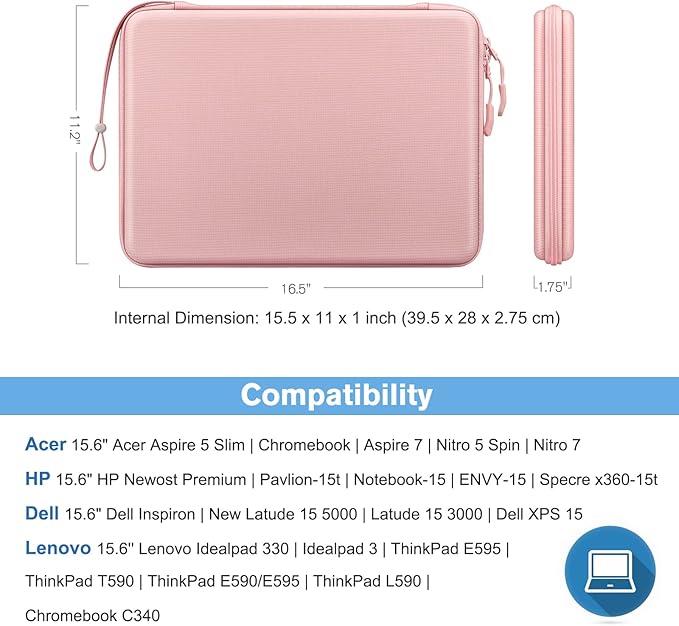 FINPAC 15.6-inch Hard Laptop Sleeve Case Compatible with 15.6 Inch Acer Aspire, Shockproof Computer Carrying Case for HP Dell Razer Samsung Laptop Chromebook, Pink