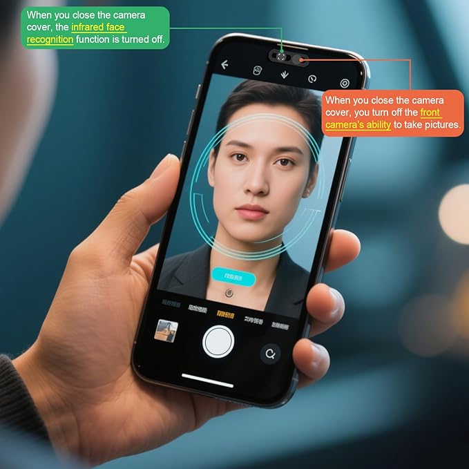 Front Camera Cover,Updated Webcam Cover Compatible for Phone 14Pro/14 Pro Max/15/15Plus/15Pro/15Pro Max/16/16Plus/16Pro/16Pro Max,Open/Close Face Recogition,Protect Privacy and Security,2 Pack-Black