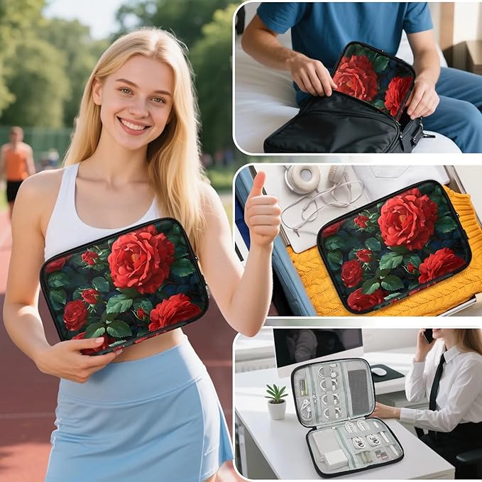 Red Rose Flowers Electronics Travel Organizer Case, Tech Accessories Cable Storage Bag for Cords, Charger, Phone, Hard Drive