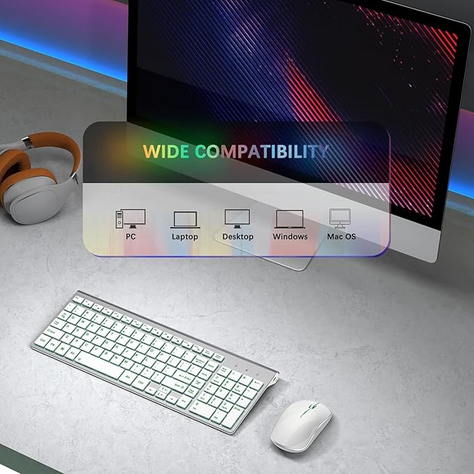 J JOYACCESS Wireless Keyboard and Mouse Combo with 7 Backlit Options,Quiet Light Up Keys,Type-C Rechargeable,Sleep Mode-2.4G Slient Portable Cordless Combo for Laptop/PC/Computer/Mac(White+Sliver)