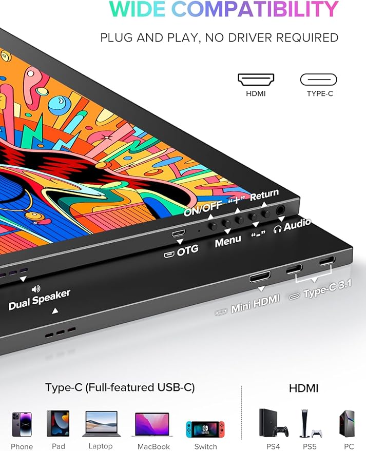 Newsoul 4K QLED Portable Monitor, 18.4" UHD 3840 * 2160 Laptop Monitor, 120% sRGB Large Portable Screen Built-in USB-C Mini HDMI with VESA & Cover Second Screen for Phone Game Console