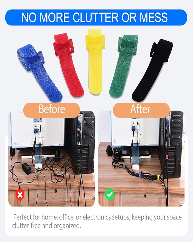 Cable Ties Reusable - 6 Inches Multi-Colour Adjustable Cord Straps Cord Ties for Cable Management Organizer, Multi-Purpose Reusable Hook and Loop for Home, Office and Garage (50)
