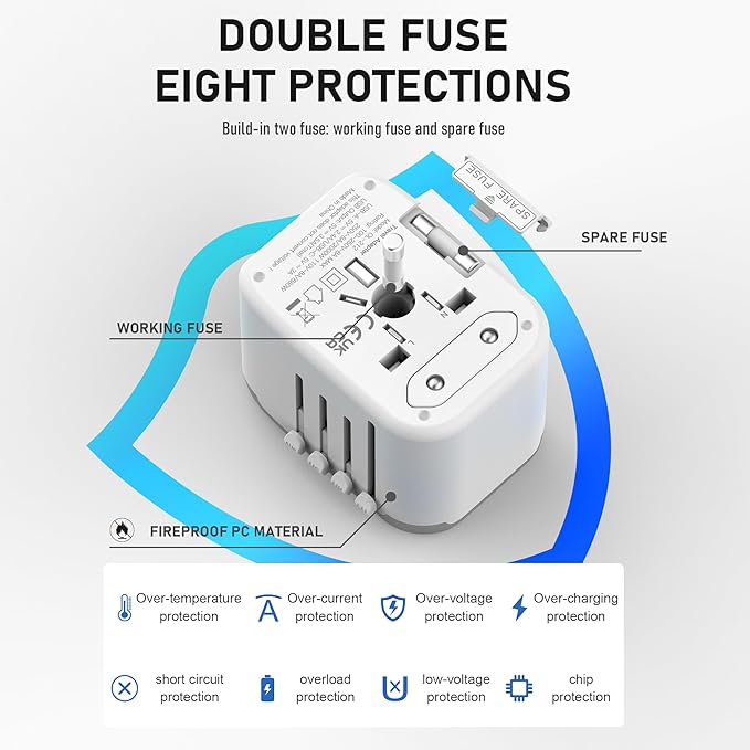 Universal International Power Travel Plug Adapter, 5 in 1 European Travel Plug Adapter W/ 3.5A 2xUSB-A and 2xUSB C Wall Charger and Worldwide AC Outlet for Europe USA UK AUS Asia (White Grey)