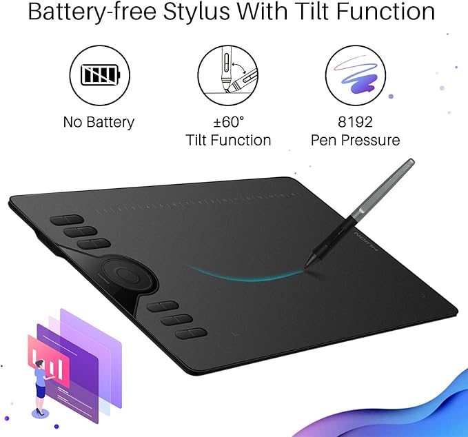HUION Drawing Tablet HS610 Graphic Tablet with Battery-Free Stylus 8192 Pen Pressure Tilt Function, 10x6.25 Inches Digital Art for Animation & Design, Compatible with Windows/Mac/Android