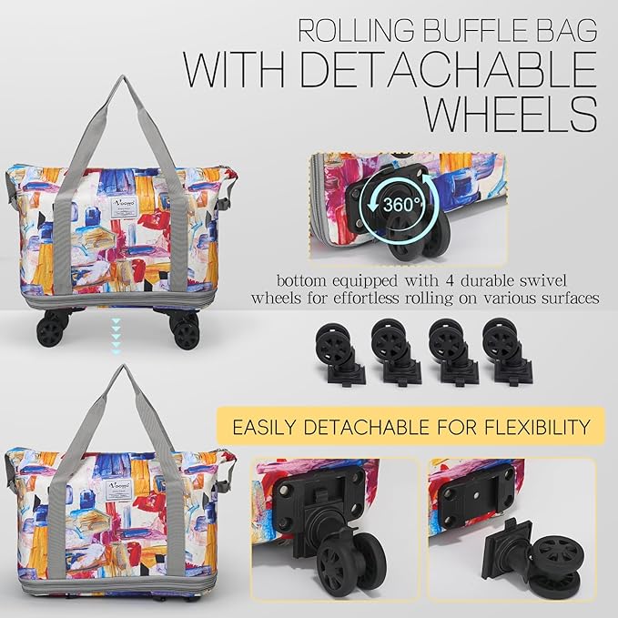 VOOWO Duffel Bag with Wheels - Rolling Foldable Expandable Duffle Bag with Wheels for Travel, Rolling Luggage Carry On Bag with Wheels, Large Rolling Backpack Weekend Bags for Men Women (Gray)