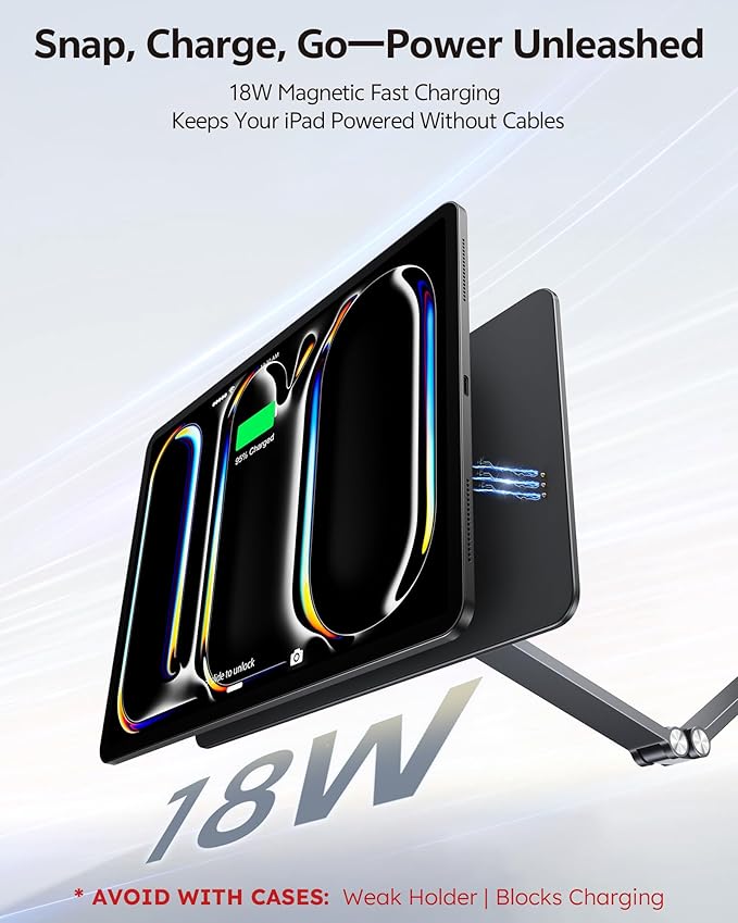 [Upgrade] Magnetic Wireless Charging Stand for iPad Pro 12.9" Gen3-6 / Air 13" M3/M2, Rock Steady iPad Stand for Desk with Foldable Aluminum Alloy Arm, Adjustable Tablet Mount with 2M Braided Cable