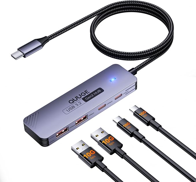 USB C Hub 10Gbps, USB 3.2 Gen 2 HUB with 2*USB-C & A, Type C Multiport Adapter for MacBook Pro/Air, Acer Aspire, HP Laptops, iPad Pro, iPhone 15/15 Pro Max and More, 100cm(3.3Ft) Long Cable