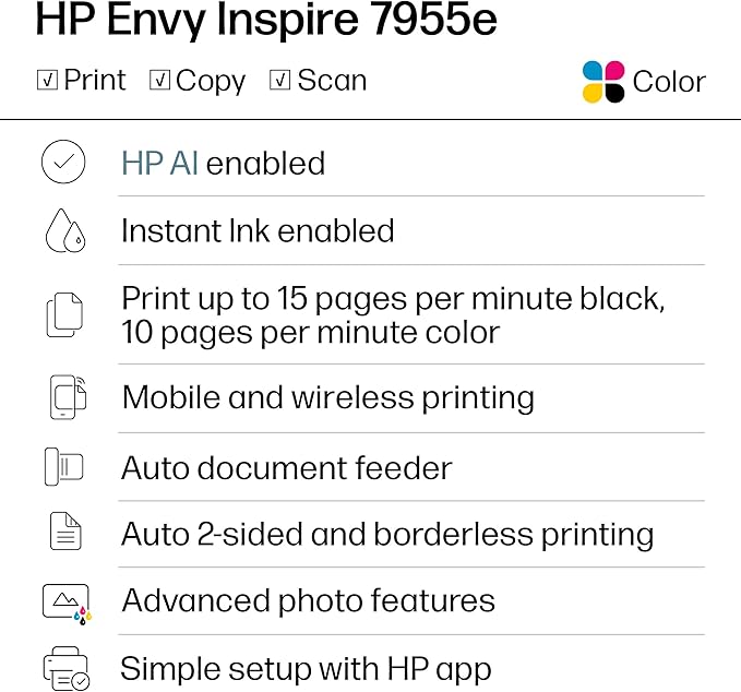 HP Envy Inspire 7955e Wireless Color Inkjet Printer, Print, scan, copy, Easy setup, Mobile printing, Best-for-home, 3 month Instant Ink trial included, AI-enabled (1W2Y8A)
